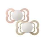 BIBS SUPREME PACIFIER SILICONE SYMMERTICAL SIZE 2 PACK DE 2 GLOW IN THE DARK BLUSH GLOW ET VANILLA GLOW